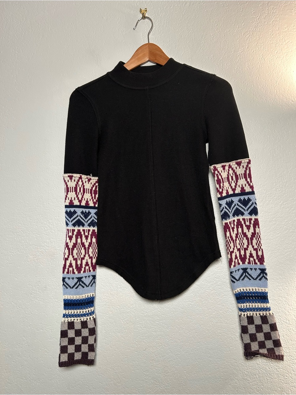 Free People Gorgeous Cuff Knit T-Shirt Black Waffle-Knit Long Sleeve Small